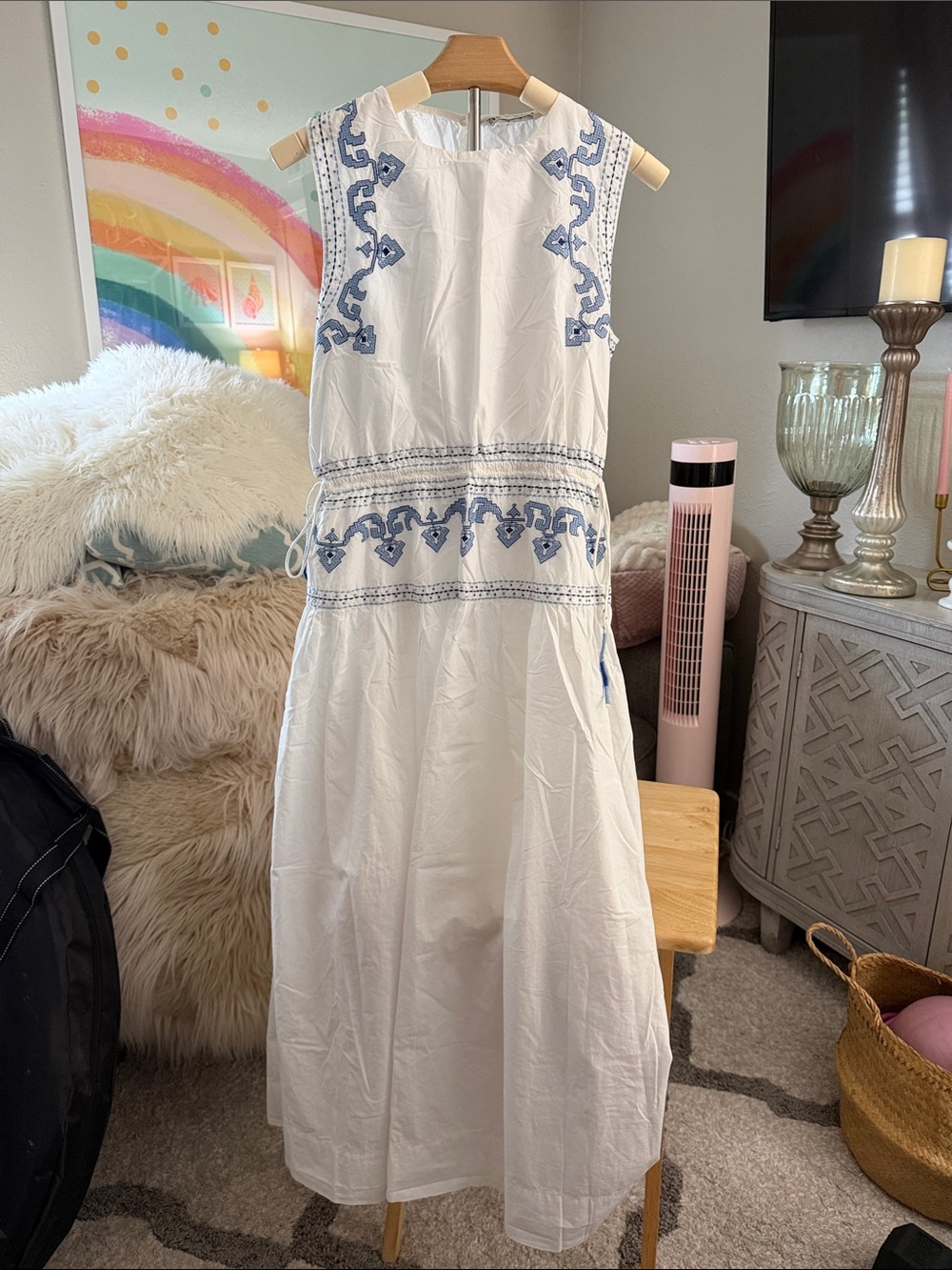 Zara White Maxi Dress with Blue Embroidery